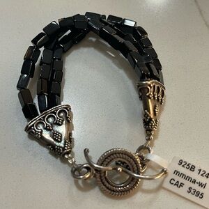 Elegant Black Onyx 3 strand and Sterling Silver 925 Bracelet 7” long